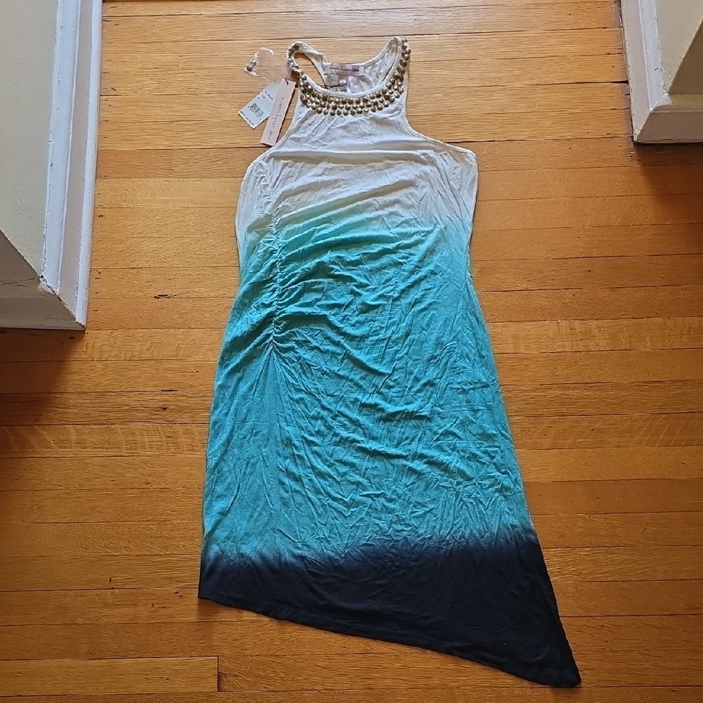 NWT, Nanette Lepore Swim, Blue Ombre Beaded Racerback Asymmetrical Midi Dress, S